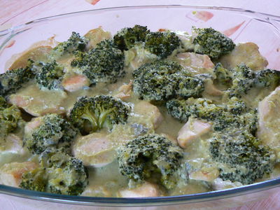 Drobiowe kąski z makaronem zapiekane w brokułowo