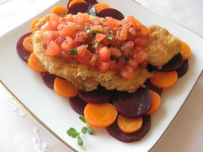 Ryba z warzywami i pomidorowym dressingiem
