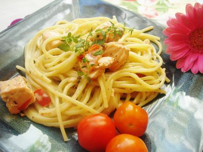 Spaghetti z łososiem, pomidorkami i papryką słodką ramiro ...