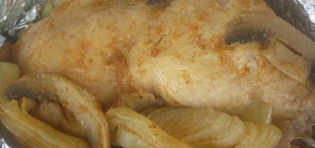 Przepis  kurczak z grilla z pieczarkami i cebulką przepis