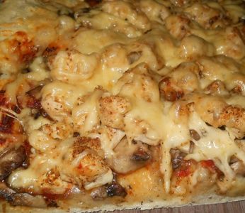 Pizza z serem szynką , pieczarkami i kurczakiem