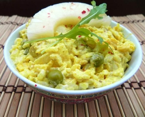 Przepis  żółta sałatka z indykiem curry i ryżem przepis