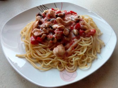 Spaghetti z sosem pomidorowym z pieczarkami i piersią kurczaka ...