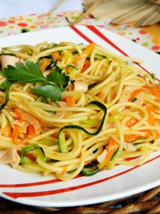 Kolorowe spaghetti z szynką i warzywami