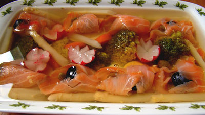 Jajka z wędzonym łososiem,kaparami i oliwkami w galarecie