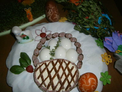 Wielkanocny koszyczek z kabanosów z jajkami